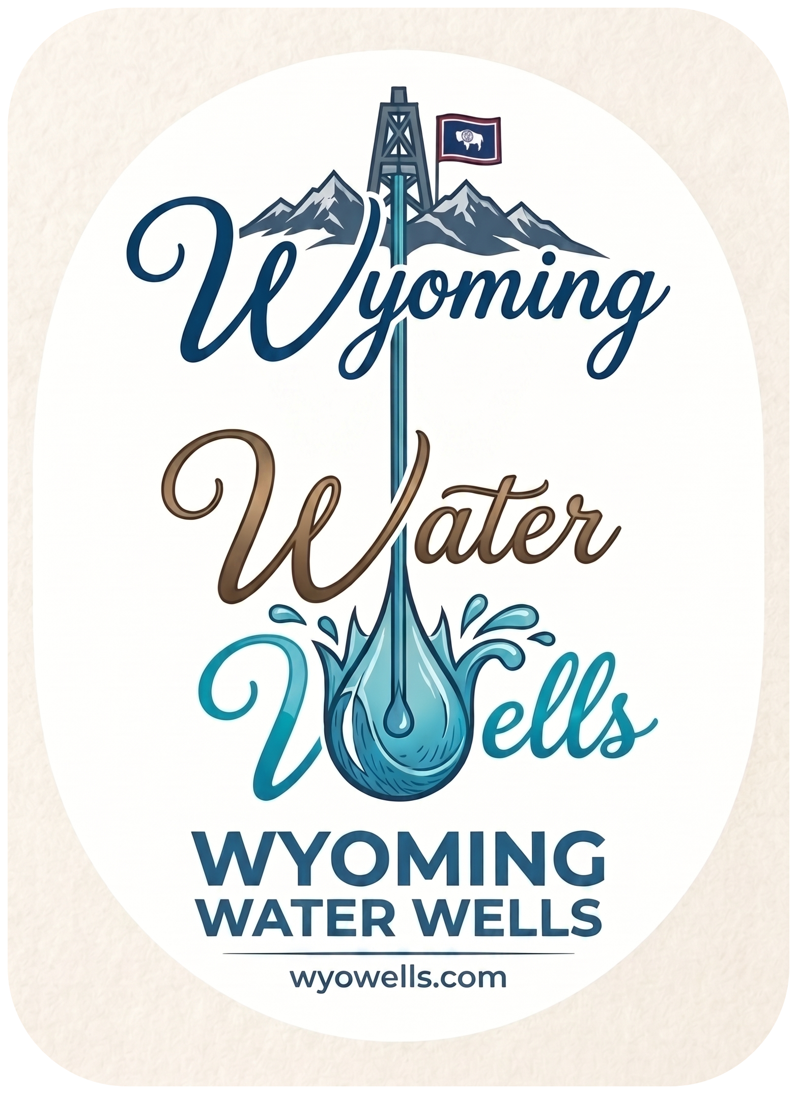 Wyoming Water Wells logo with drilling rig, mountains, and water drop